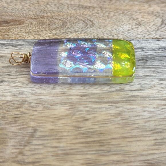 Wire Wrapped Lavender & Yellow Glass Pendant - Picture 3 of 4